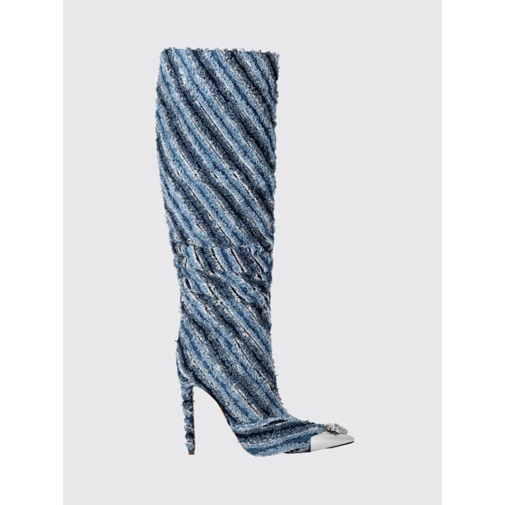 Bicolour Striped Denim Knee-High Boots Philipp Plein With Crystals
